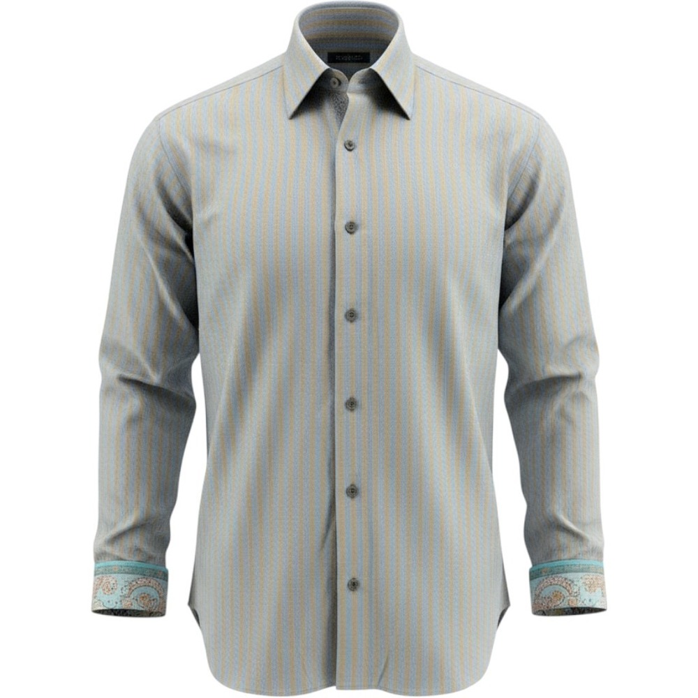 Visconti Shirt‎ Mens 2XL Blue Tan Striped Mercerized Cotton Paisley Trim Dandy